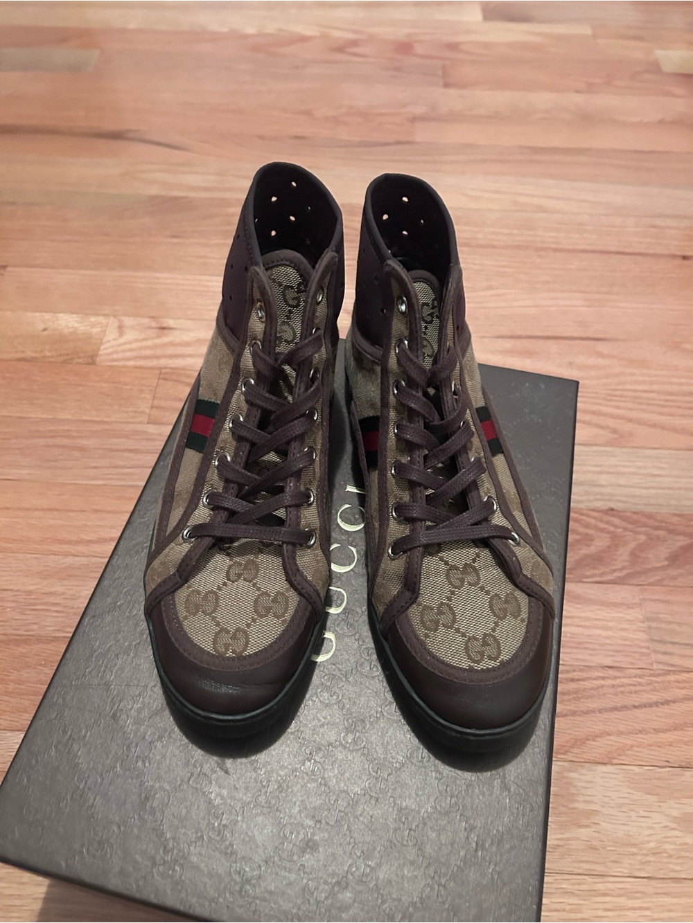 Gucci Brown & Beige Monogram High-Top Sneakers with Red-Green Stripe